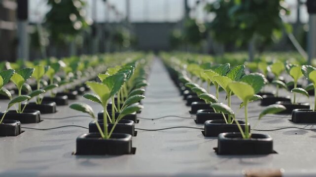 Moving camera revealing central seedling row in black plugs on greenhouse bench showing drip tubing