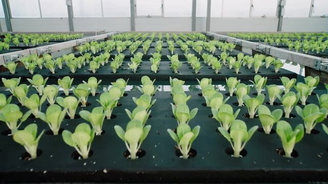 Moving camera nearing lettuce rows in greenhouse, revealing foam rafts, water channels
