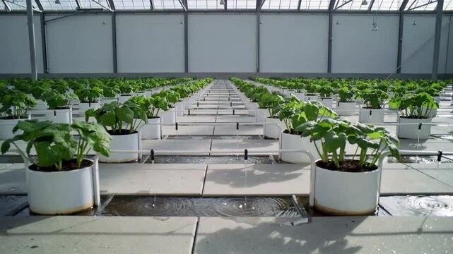 Ventilation causing central white pot plant swaying leaves and water rippling in greenhouse channel