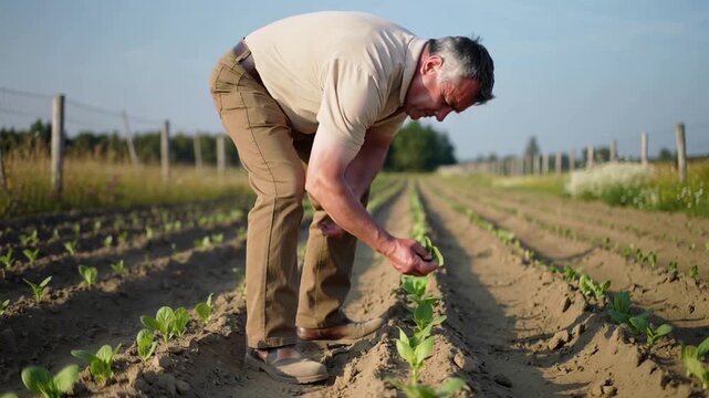 Walking farmer wearing beige polo inspecting seedlings in field, checking health with hands