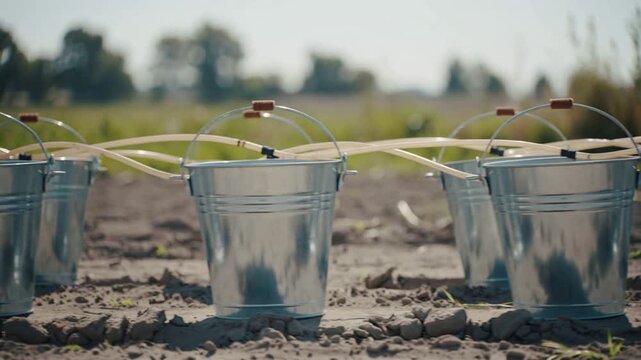 Camera capturing metal bucket on dry soil while sun and wind making clear tube oscillate reflecting