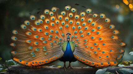 Vivid studio shot of a fully grown genetically revived peacock spreading tail feathers wide  © Naruephu