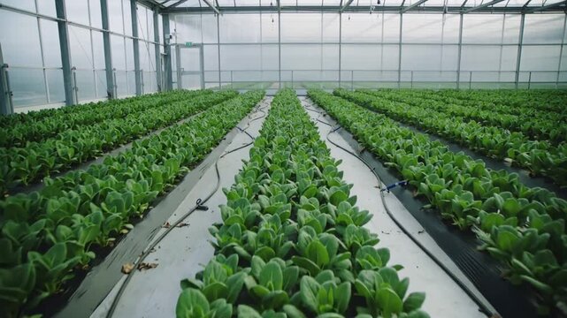 Tracking camera starting along central row greens in greenhouse for monitoring, showing drip hoses