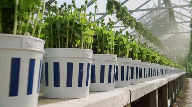 Moving camera tracking white plastic blue-striped pots along greenhouse bench to reveal seedlings