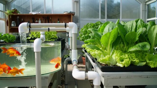 Pump activating greenhouse aquaponics pumping water through fish tank with goldfish feeding lettuce