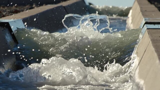 Surging rushing water advancing from upstream crest through concrete flume, making foam and spray