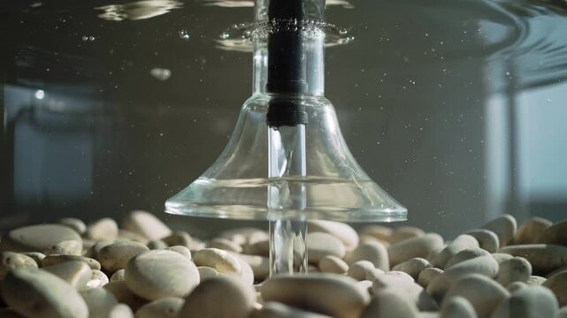 Activating pump, bell diffuser releasing bubbles in glass tank over supply tube, making ripples