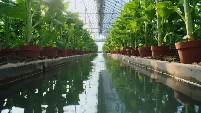 Advancing camera tracking central water channel in glass greenhouse, revealing reflections and pots