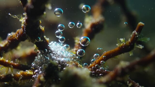 Photosynthesizing brown algae forming tiny bubbles ascending in shallow water, light reflecting