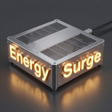 Energy surge glowing on an industrial unit representing rapid power increase system strain and intensified electrical demand in a clean studio scene
