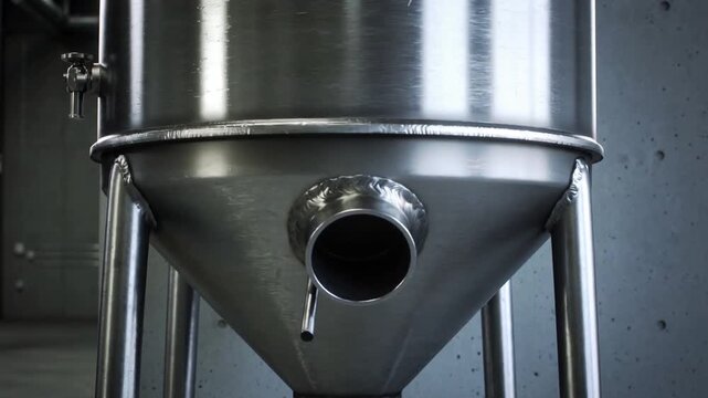 Dollying camera closing in on stainless steel hopper tank in plant room, revealing discharge outlet