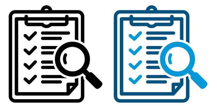 チェックリストを確認する虫眼鏡アイコン 監査・検証・タスクチェックのビジネス素材 Checklist Inspection Icon with Magnifying Glass Audit Review Verification Business Symbol
