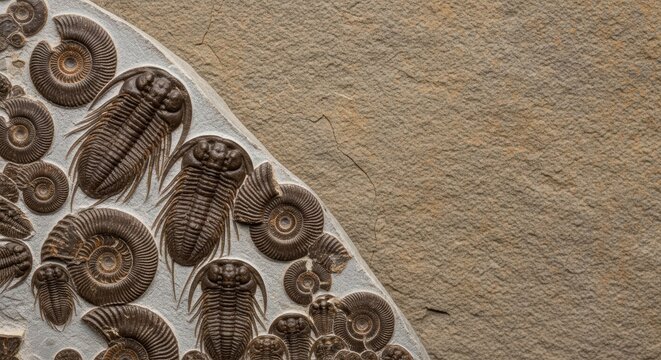 Fossil Trilobite and Ammonite Collection on Stone Surface