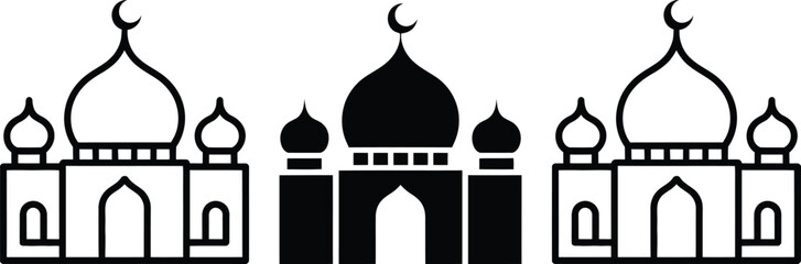 Three stylized representations of islamic mosque architecture with domes and minarettes © MelonChandro