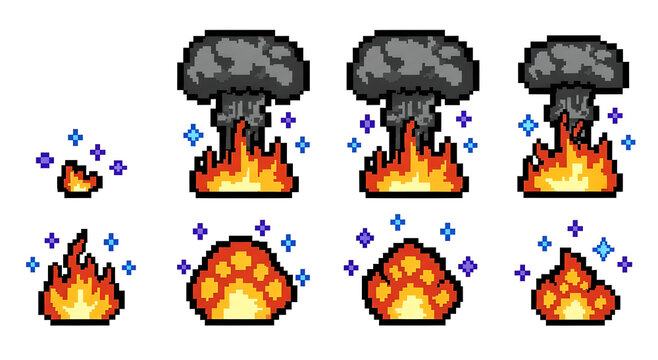A series of pixel art illustrations depicting the stages of an explosion, from a small flame to a large mushroom cloud.