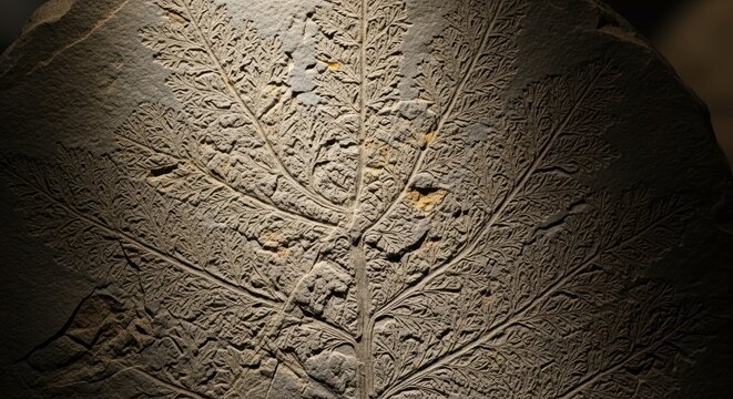 Detailed Fossil Plant Imprint on Rock Texture Close Up