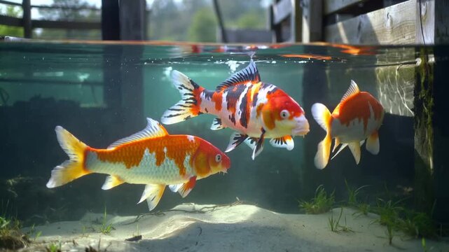 Gliding three koi following calico moving toward surface in garden pond, sunlight reflecting