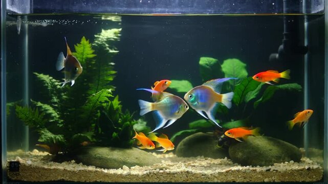 Swimming 2 angelfish and 6 orange fish moving centerward in planted tank, drawn by filter bubbles