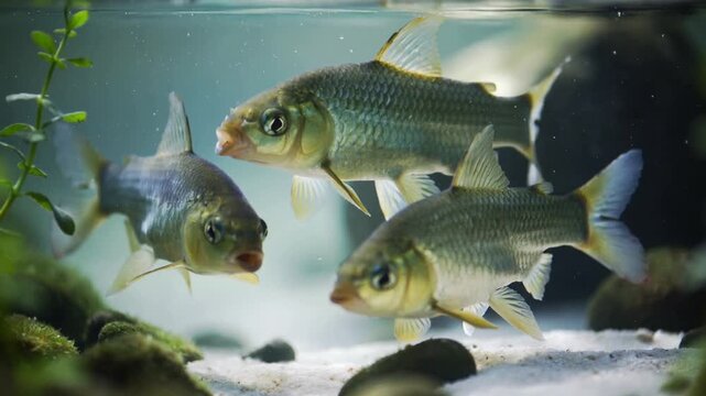 Responding to bubbles, three carp-like fish opening mouths, moving upward near sand in aquarium