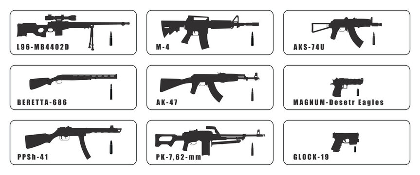 Weapons silhouette set. Collection of various realistic firearms. Assult rifles, sniper rifles, shotguns, handguns. Vector illustration