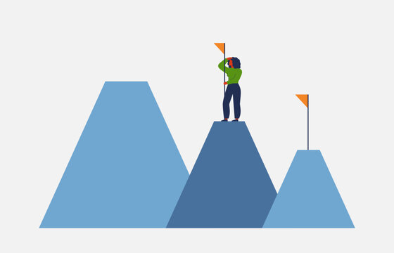 career growth and business strategy. businesswoman stands on one top of mountain and looking the next. leadership, ambitions, achieve a goal, roadmap concept. vector illustration