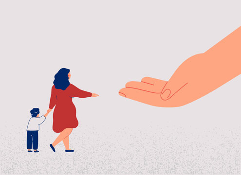 Single mother with child needs support and help from society and government. Adult gives hand to woman with baby. Financial defense, rights,medical aid and life insurance for females with kids. Vector