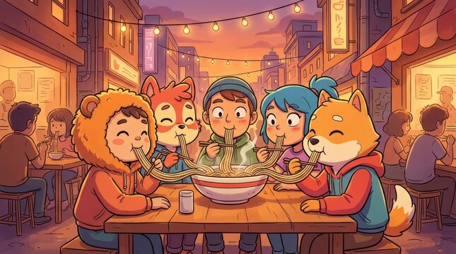 Friends Eating Noodles Together in Night Street Food Scene