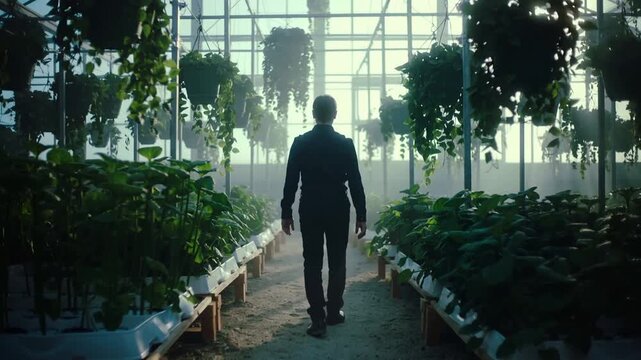 Starting plant check, walking worker in dark coat down greenhouse aisle past benches, hanging pots