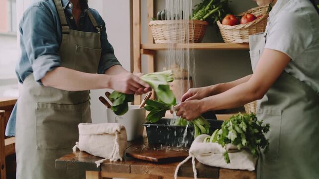 Washing pair in gray aprons adjusting and rubbing leafy greens at prep basin under faucet