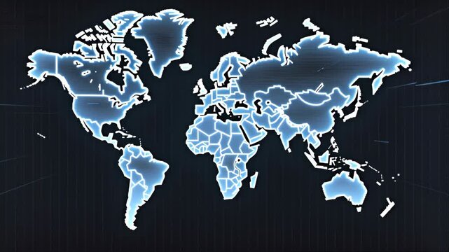 Glowing blue map of the world with country borders on a dark background, viewed from above with a cinematic lighting effect.