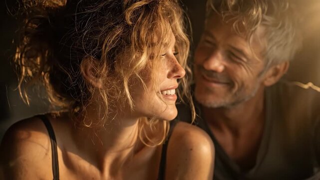 Happy couple, intimate connection, smiling, sharing tender emotions, embracing warmth, loving relationship, genuine affection, golden hour radiance, close bonding