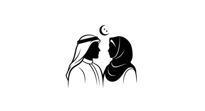 Silhouette of a Muslim Couple Gazing at Each Other with Crescent Moon.
