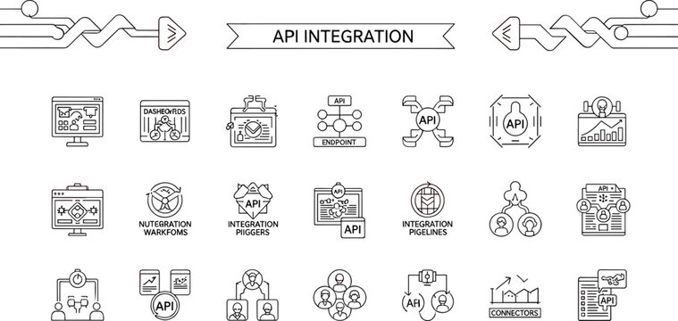 API integration workflow pipeline connectors endpoint orchestration automation monitoring analytics interface synchronization outline vector icon collection pack