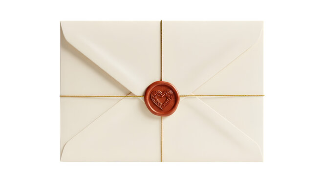 Elegant cream envelope with a heart wax seal isolated on transparent background