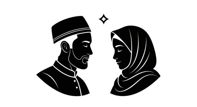 Silhouette of a Muslim couple in love, facing each other with a star above.