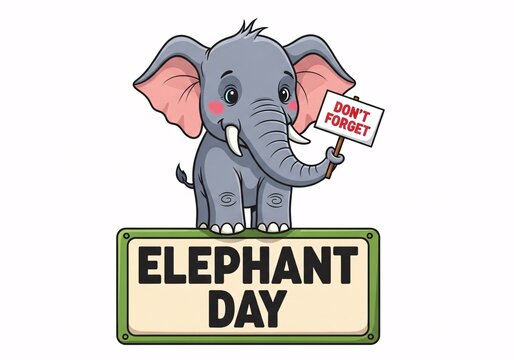 Cute cartoon elephant holding a sign for elephant day on isolated white background