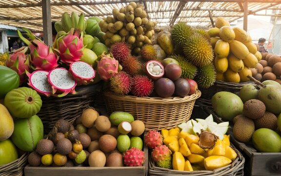 Dragon fruit, passion fruit, guava, lychee, rambutan, mangosteen, durian, jackfruit, longan, sapodilla, soursop, breadfruit, starfruit, tamarind, acerola, langsat, salak (snake fruit), marang