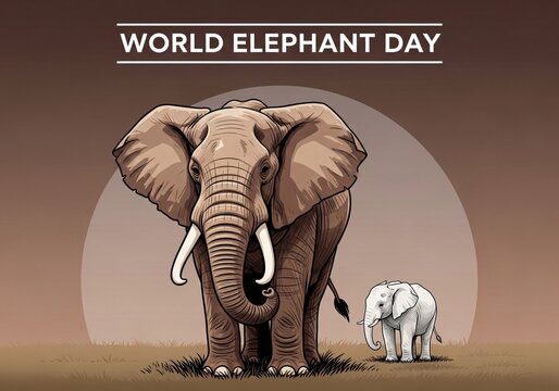 An illustration of an adult elephant and a baby elephant standing together on grassy field for world elephant day