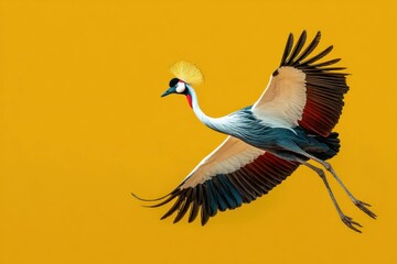 Crowned crane bird flying with wings spread wide against yellow background, showing detailed feathers and elegant posture in midair with natural light. © VICHIZH