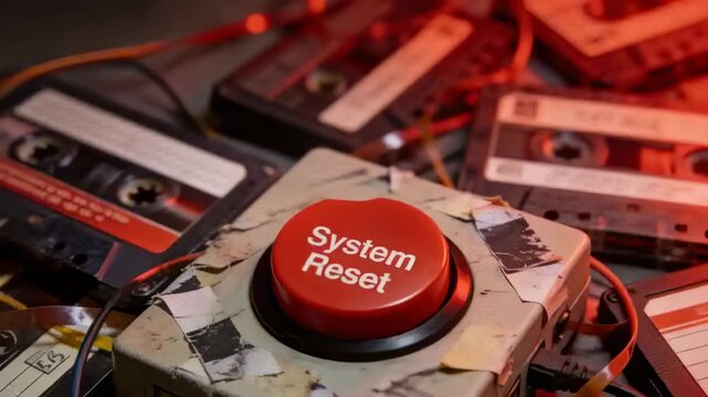Pressing index finger entering frame holding red System Reset button on bench resetting device