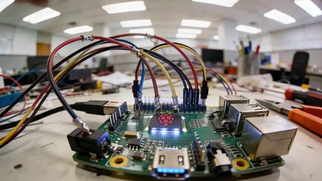 Hands entering frame, pro plugging jumpers into raspberry-logo GPIO header on bench, LED lighting