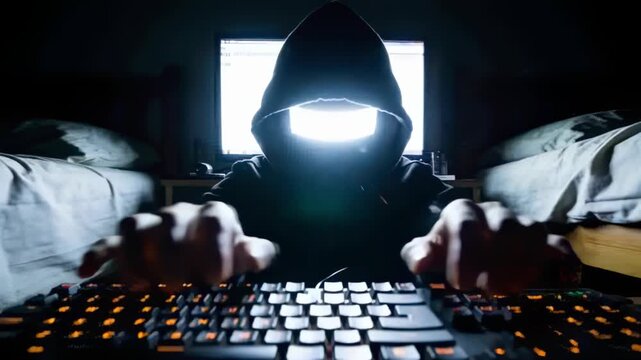 Typing hooded person in hoodie fingers poised moving across amber keyboard at dorm, monitor glow