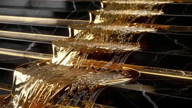 Emerging from upper slot golden thick liquid cascading over marble steps for decorative display