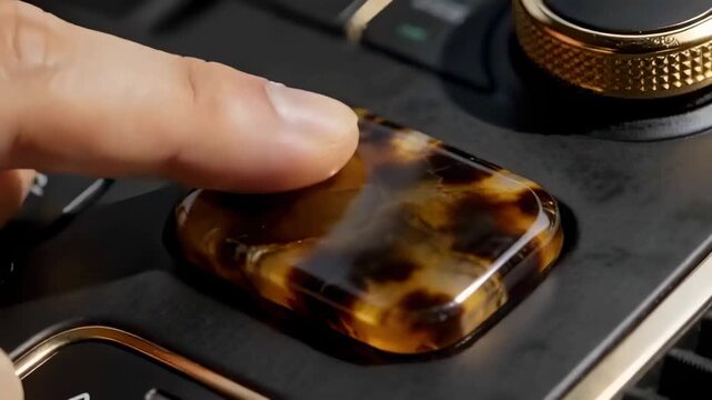 Approaching fingertip pressing tortoise control on console by gold knurled dial, activating preset