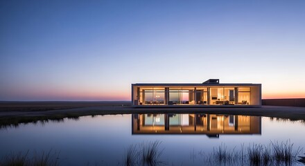 Fototapeta premium Modern Minimalist Glass House at Twilight with Reflection in Calm Water