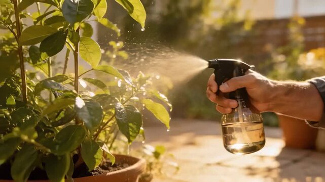 Squeezing spray bottle nozzle, right hand misting potted plant on sunlit patio to water leaves