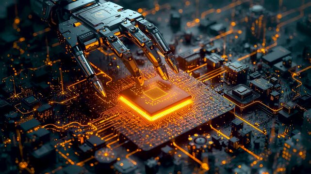 Robotic hand interacting with glowing processor chip on circuit board with illuminated connections, advanced computing system, and high tech electronics