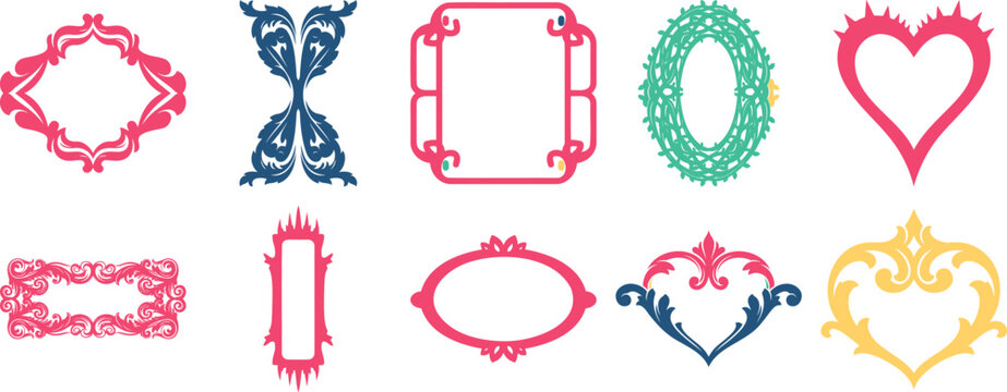 Ornate decorative frames and borders in various shapes and styles silhouette vector illustration with decorative scrollwork flourish silhouette vector illustration