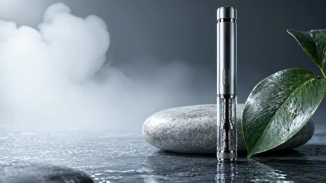 Luxury auto injector pen with spa stones and steam, wellness therapy and premium healthcare concept, GLP-1, GLP1 product scene, animation.