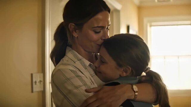 Arriving schoolgirl with backpack, mother in plaid hugging and kissing brow, reassuring in hallway